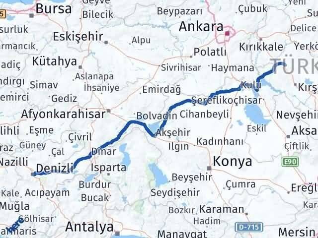 Denizli Akpınar Kırşehir Arası Kaç Km - Yol Haritası