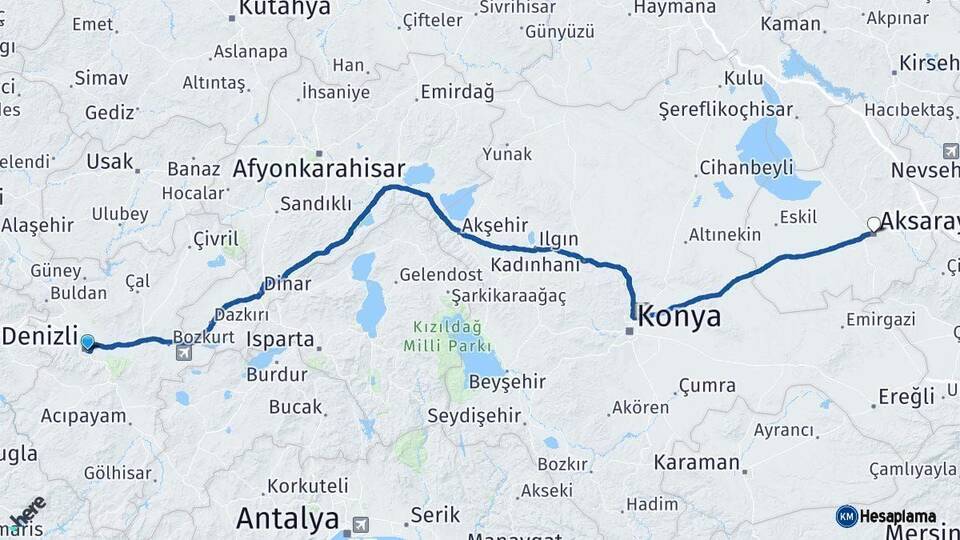 Denizli Aksaray Arası Kaç Km - Yol Haritası