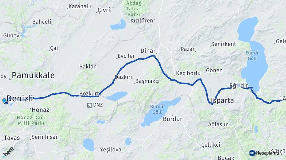 Denizli Aksu Isparta Arası Kaç Km - Yol Haritası