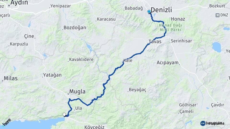 Denizli Akyaka Ula Muğla Arası Kaç Km - Yol Haritası