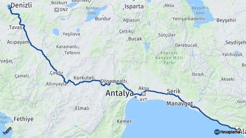 Denizli Alanya Antalya Arası Kaç Km - Yol Haritası