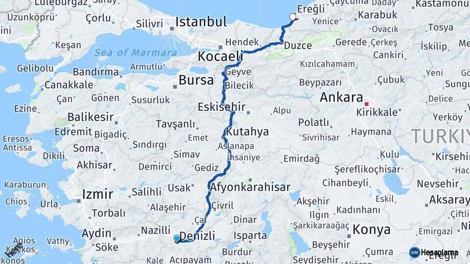 Denizli Alaplı Zonguldak Arası Kaç Km - Yol Haritası