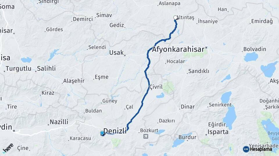 Denizli Altıntaş Kütahya Arası Kaç Km - Yol Haritası