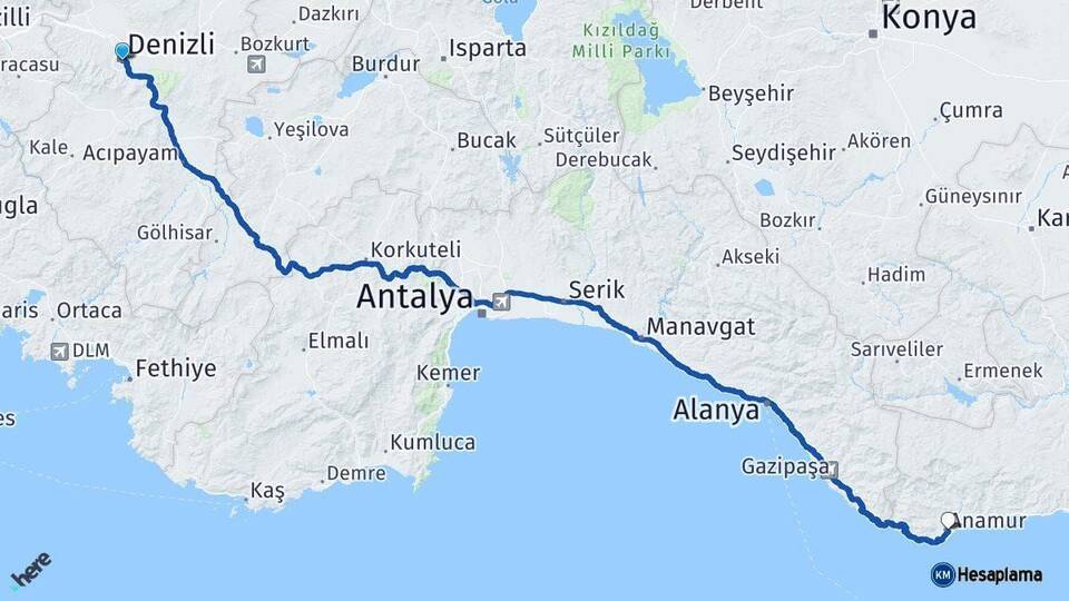 Denizli Anamur Mersin Arası Kaç Km - Yol Haritası