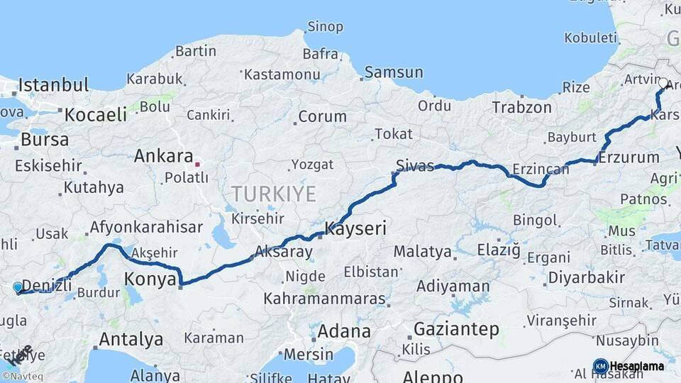 Denizli Ardahan Arası Kaç Km - Yol Haritası