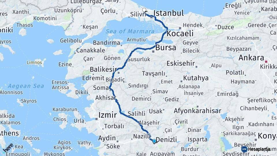 Denizli Arnavutköy İstanbul Arası Kaç Km - Yol Haritası