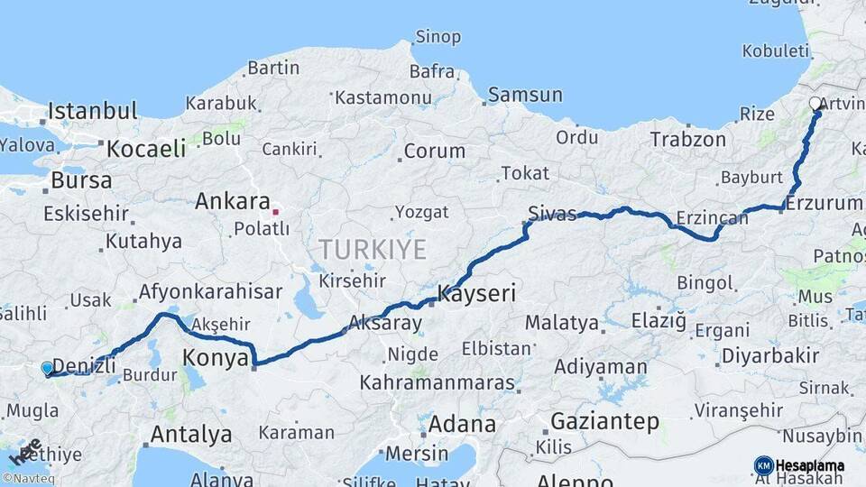Denizli Artvin Arası Kaç Km - Yol Haritası