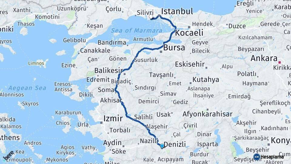 Denizli Avcılar İstanbul Arası Kaç Km - Yol Haritası