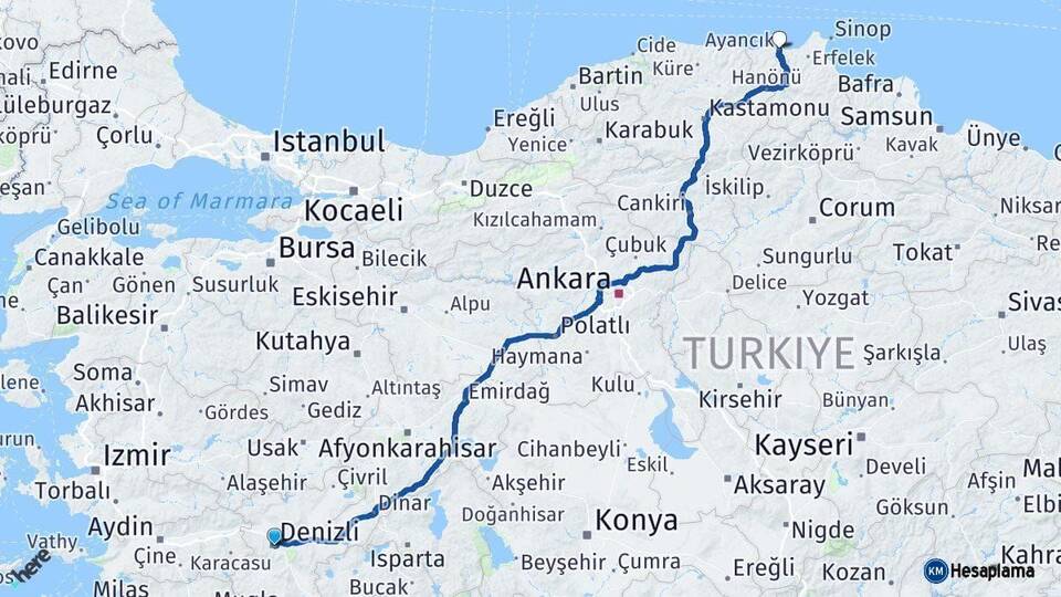 Denizli Ayancık Sinop Arası Kaç Km - Yol Haritası