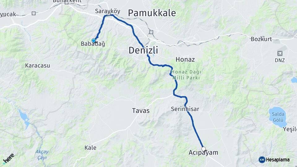 Denizli Babadağ Acıpayam Arası Kaç Km - Yol Haritası