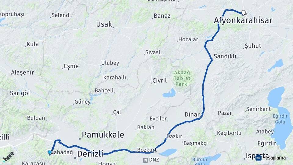 Denizli Babadağ Afyonkarahisar Arası Kaç Km - Yol Haritası