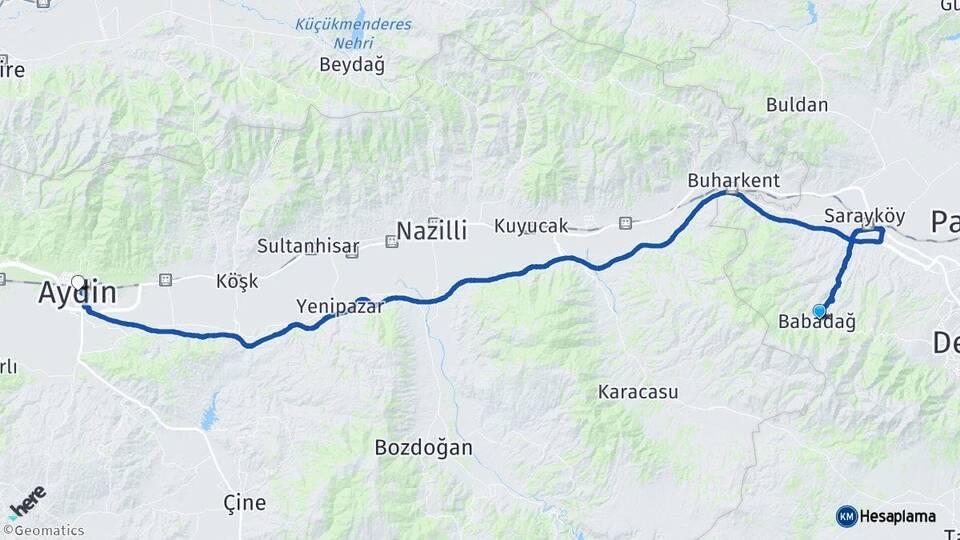 Denizli Babadağ Aydın Arası Kaç Km - Yol Haritası