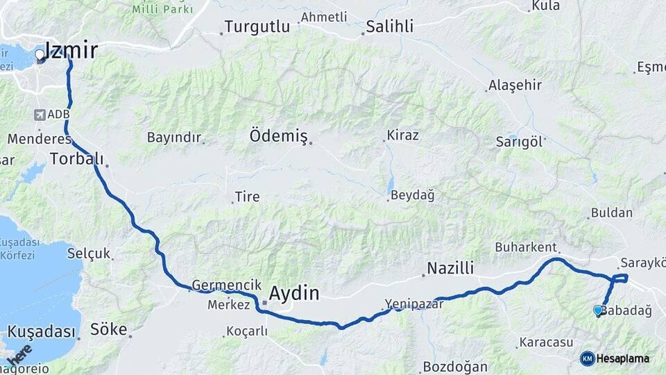 Denizli Babadağ İzmir Arası Kaç Km - Yol Haritası