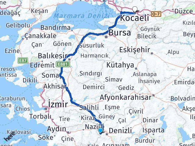 Denizli Babadağ Kocaeli Arası Kaç Km - Yol Haritası