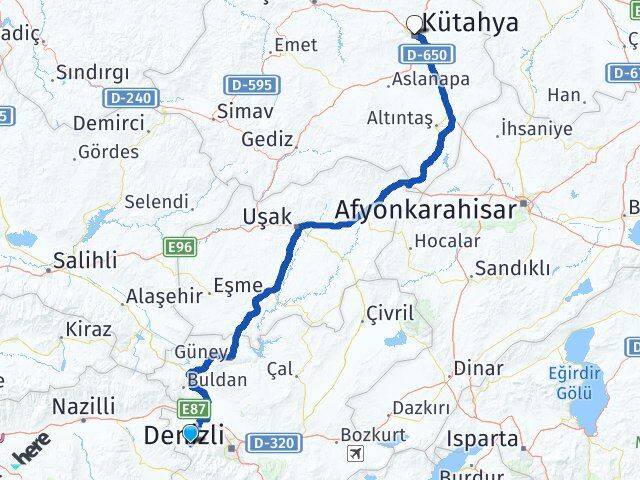 Denizli Babadağ Kütahya Arası Kaç Km - Yol Haritası