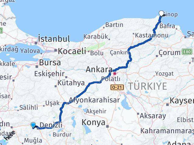 Denizli Babadağ Sinop Arası Kaç Km - Yol Haritası