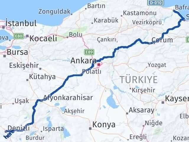 Denizli Bafra Samsun Arası Kaç Km - Yol Haritası