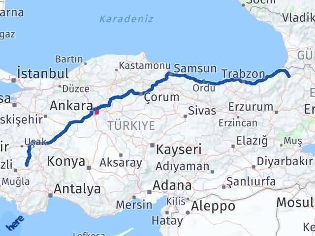 Denizli Baklan Artvin Arası Kaç Km - Yol Haritası