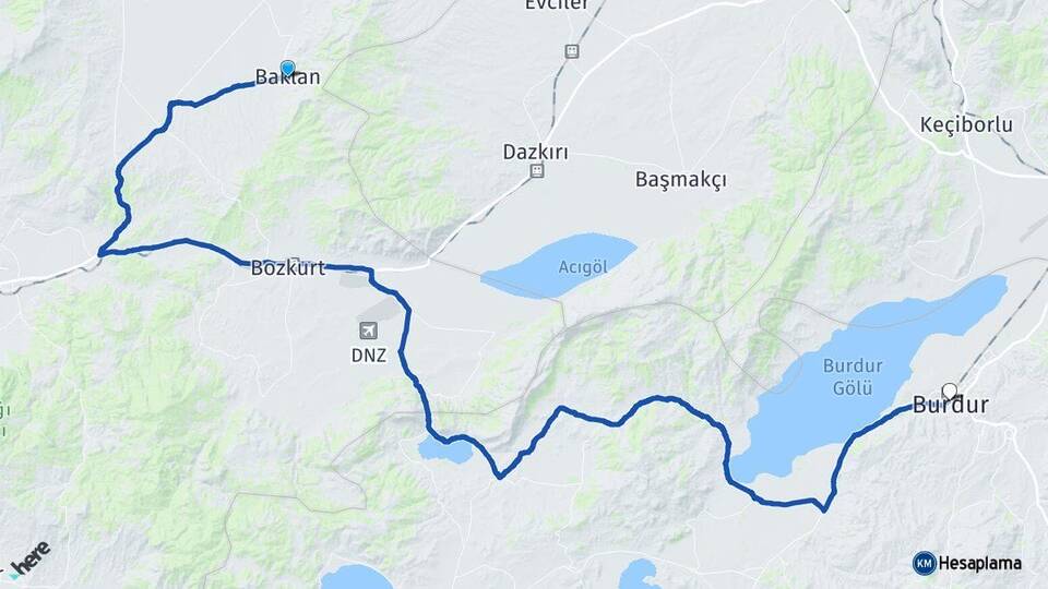 Denizli Baklan Burdur Arası Kaç Km - Yol Haritası