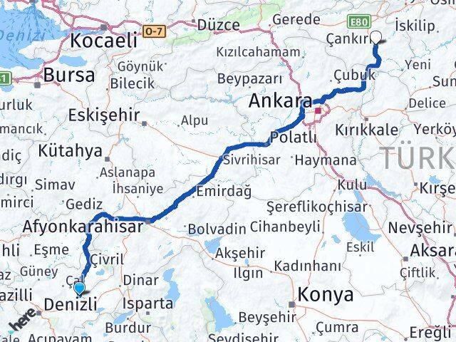 Denizli Baklan Çankırı Arası Kaç Km - Yol Haritası