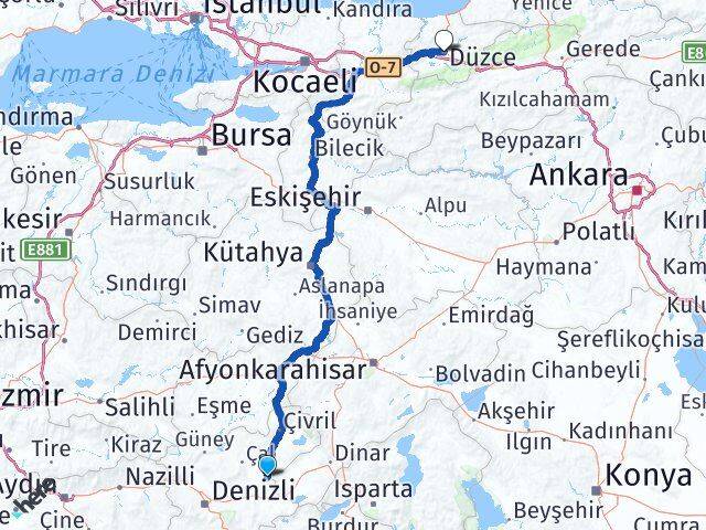 Denizli Baklan Düzce Arası Kaç Km - Yol Haritası
