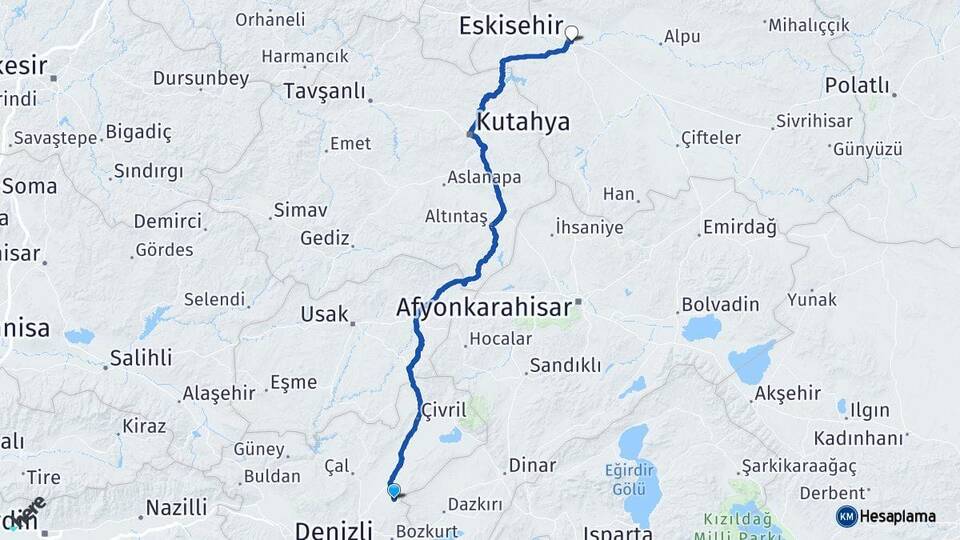 Denizli Baklan Eskişehir Arası Kaç Km - Yol Haritası
