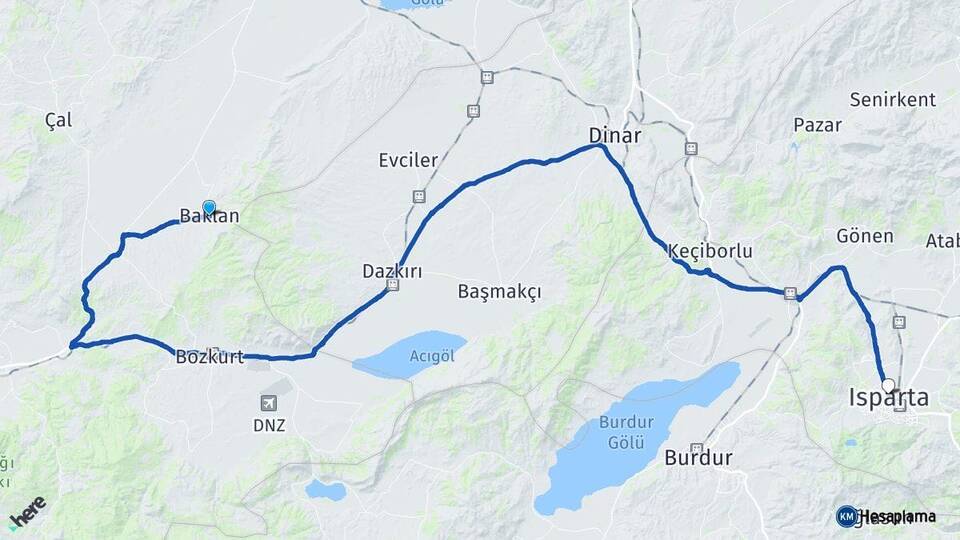 Denizli Baklan Isparta Arası Kaç Km - Yol Haritası