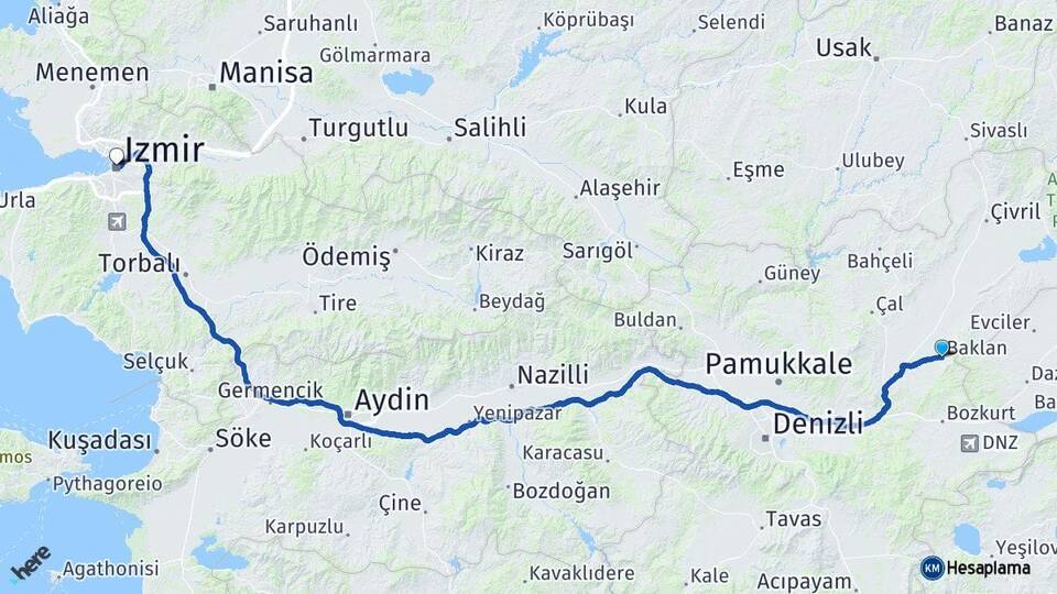 Denizli Baklan İzmir Arası Kaç Km - Yol Haritası