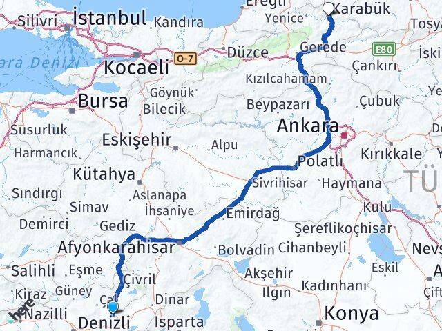 Denizli Baklan Karabük Arası Kaç Km - Yol Haritası