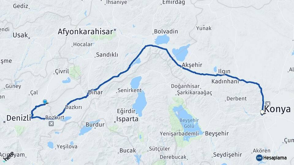 Denizli Baklan Konya Arası Kaç Km - Yol Haritası