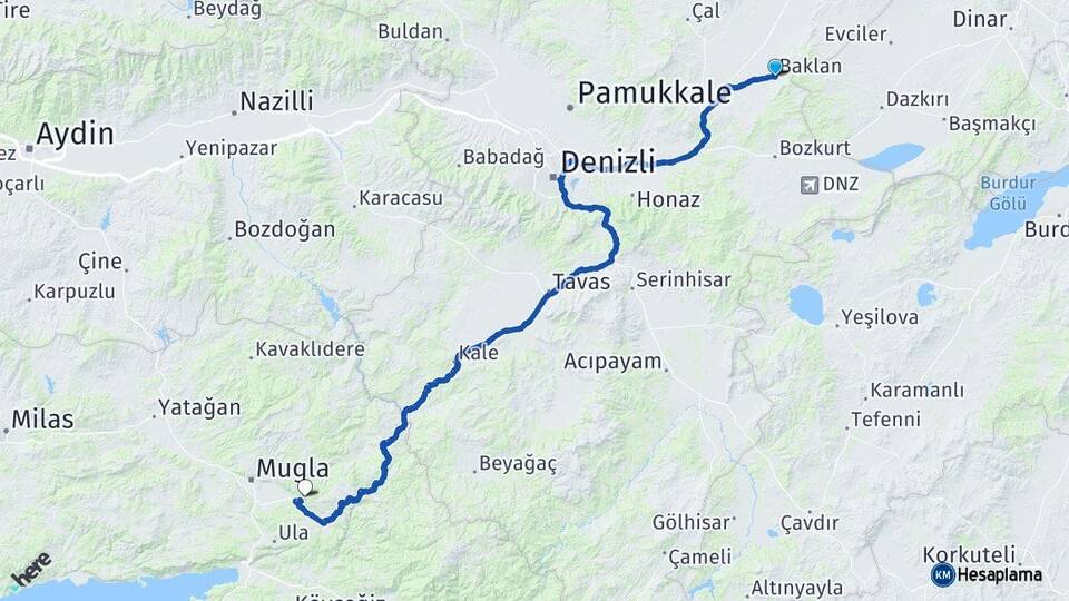 Denizli Baklan Muğla Arası Kaç Km - Yol Haritası