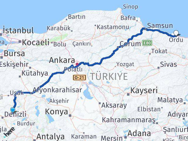 Denizli Baklan Ordu Arası Kaç Km - Yol Haritası
