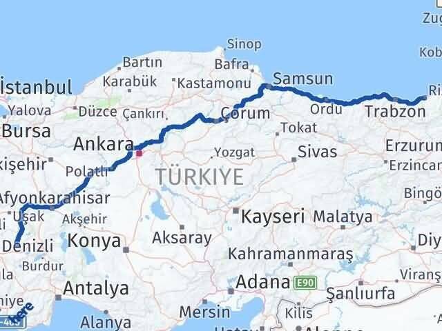 Denizli Baklan Rize Arası Kaç Km - Yol Haritası