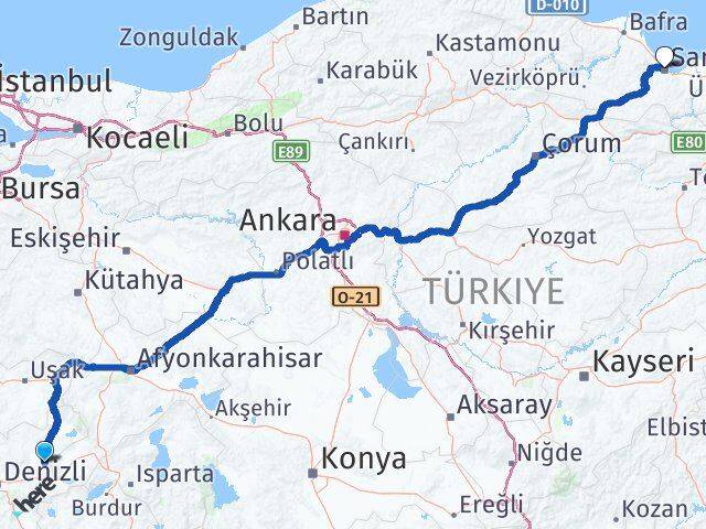 Denizli Baklan Samsun Arası Kaç Km - Yol Haritası
