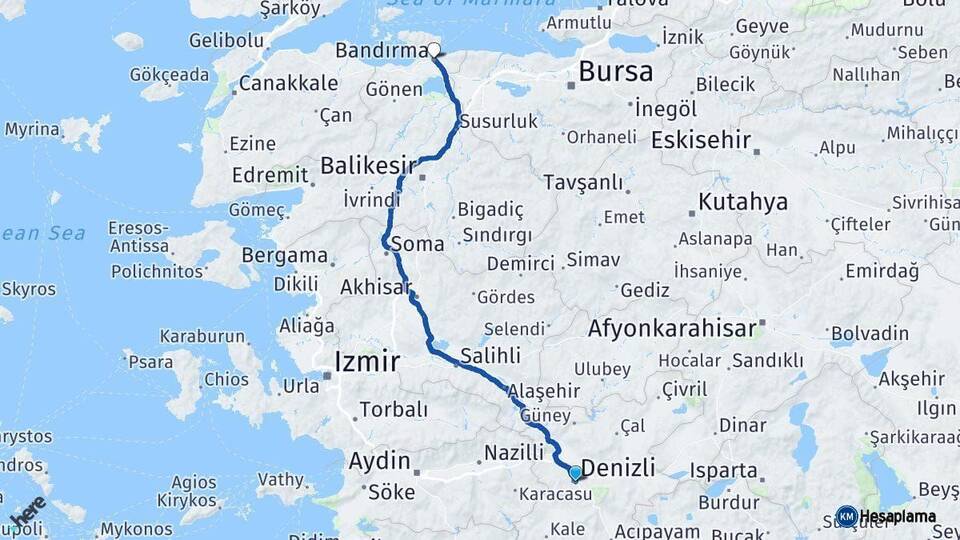 Denizli Bandırma Balıkesir Arası Kaç Km - Yol Haritası