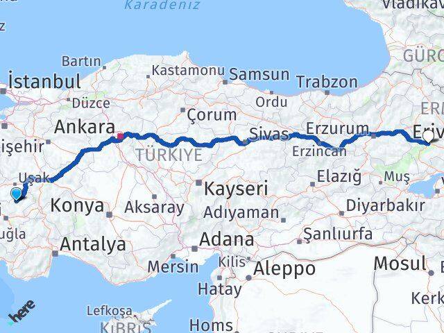 Denizli Bekilli Ağrı Arası Kaç Km - Yol Haritası