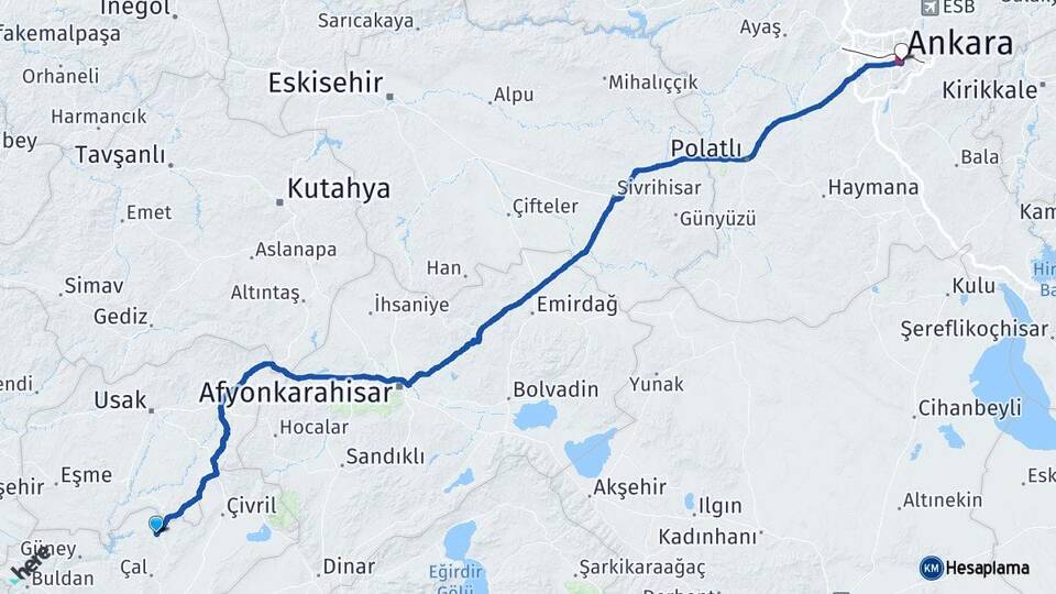 Denizli Bekilli Ankara Arası Kaç Km - Yol Haritası
