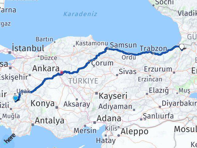 Denizli Bekilli Artvin Arası Kaç Km - Yol Haritası