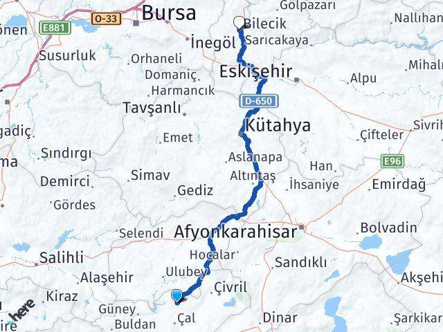 Denizli Bekilli Bilecik Arası Kaç Km - Yol Haritası