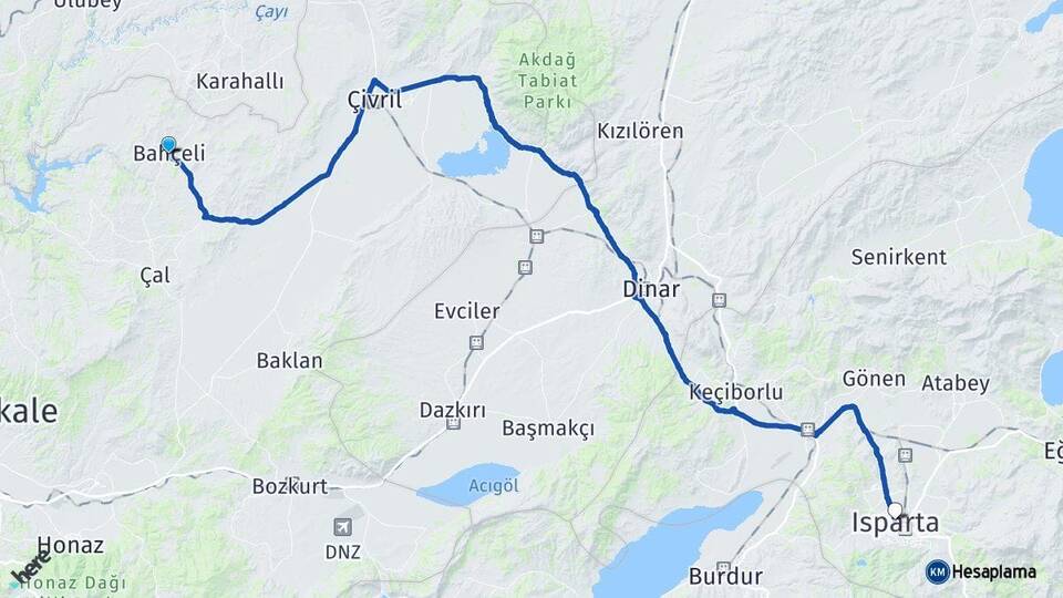 Denizli Bekilli Isparta Arası Kaç Km - Yol Haritası