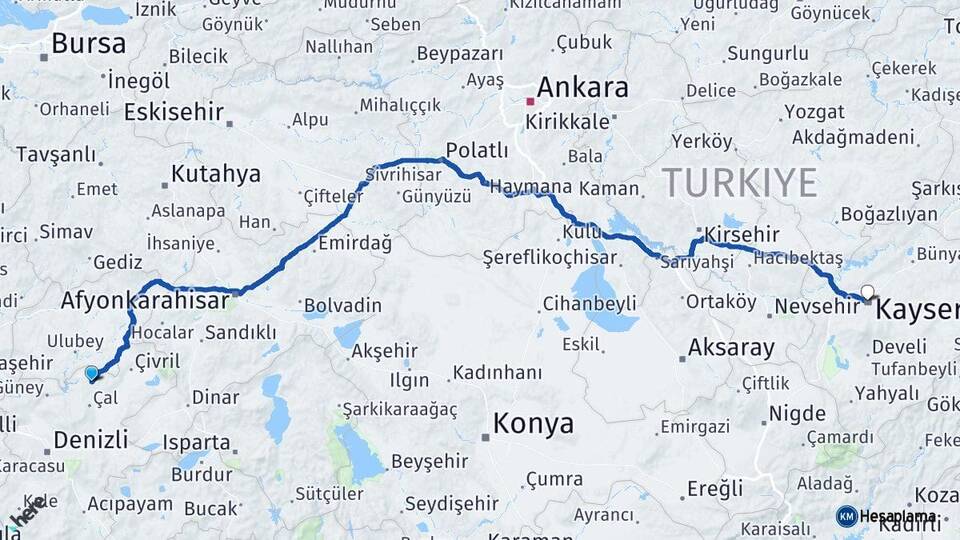 Denizli Bekilli Kayseri Arası Kaç Km - Yol Haritası