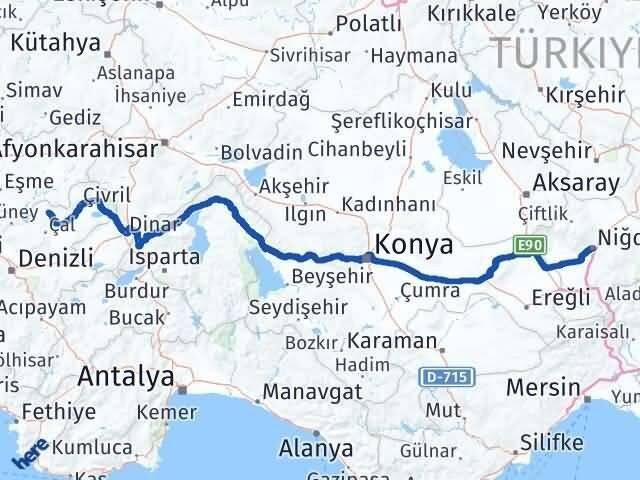 Denizli Bekilli Niğde Arası Kaç Km - Yol Haritası