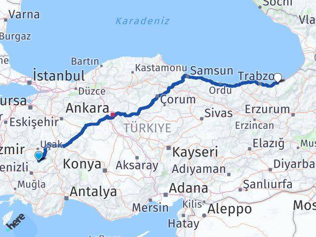 Denizli Bekilli Rize Arası Kaç Km - Yol Haritası