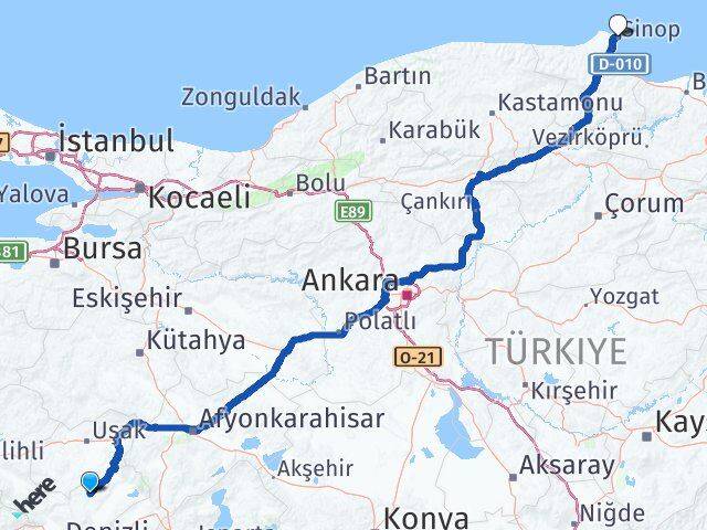 Denizli Bekilli Sinop Arası Kaç Km - Yol Haritası