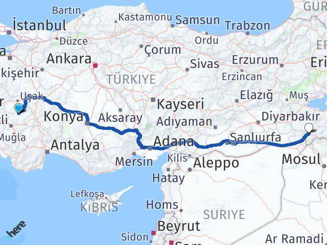 Denizli Bekilli Şırnak Arası Kaç Km - Yol Haritası