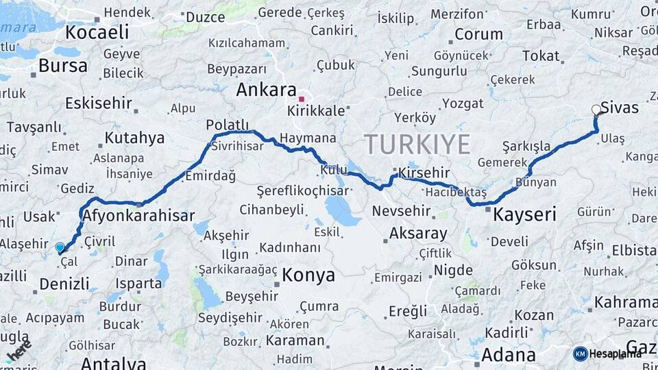Denizli Bekilli Sivas Arası Kaç Km - Yol Haritası
