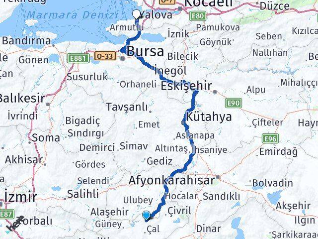 Denizli Bekilli Yalova Arası Kaç Km - Yol Haritası