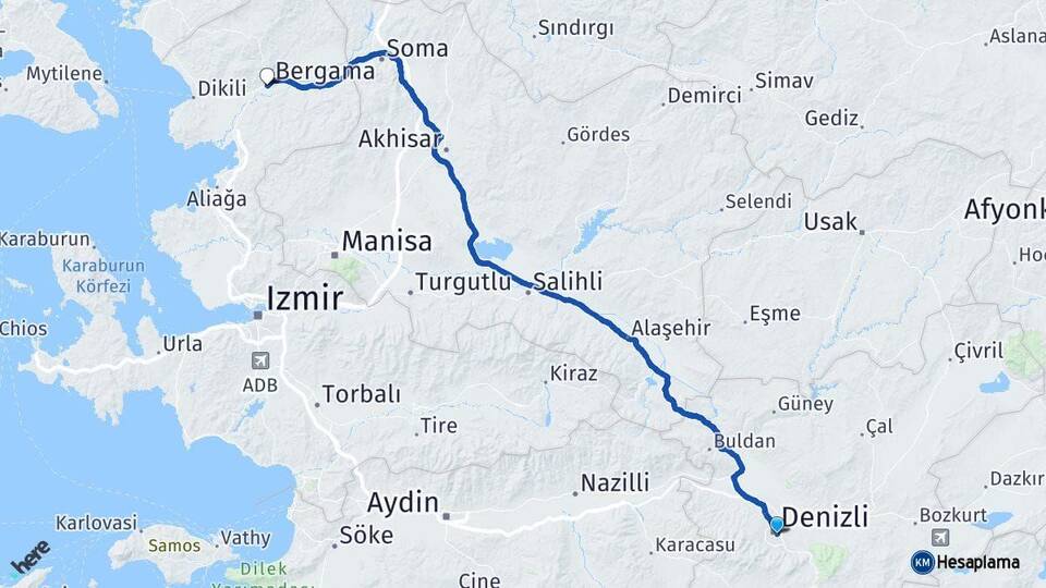 Denizli Bergama İzmir Arası Kaç Km - Yol Haritası