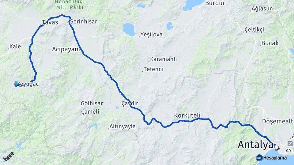Denizli Beyağaç Antalya Arası Kaç Km - Yol Haritası