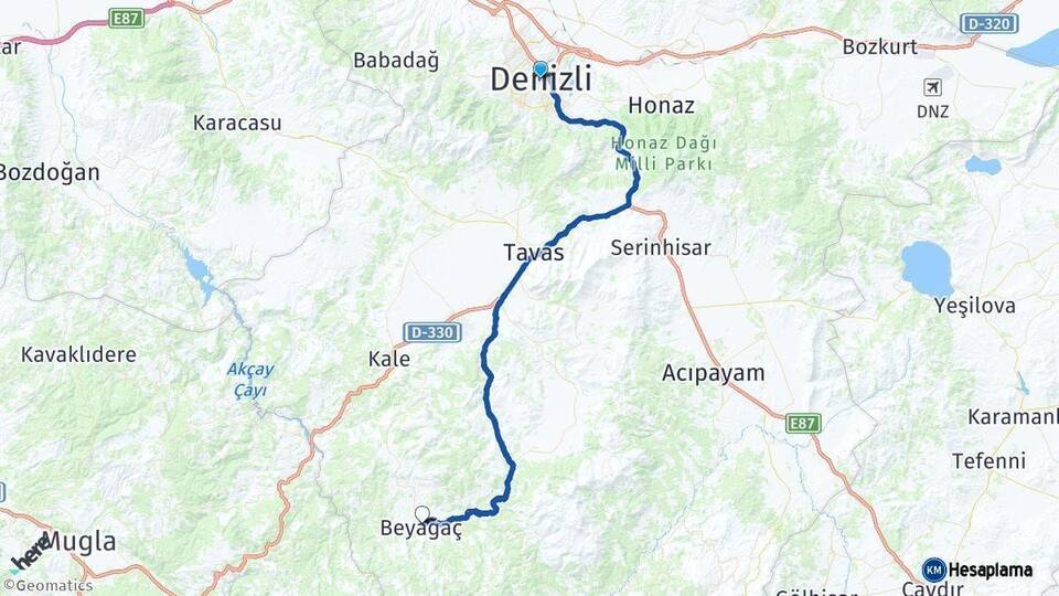 Denizli Beyağaç Arası Kaç Km - Yol Haritası